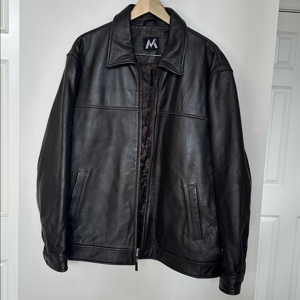 Mens Distressed Rugged Brown Leather Bomber Jacket 2X Streetwear Grunge Retro